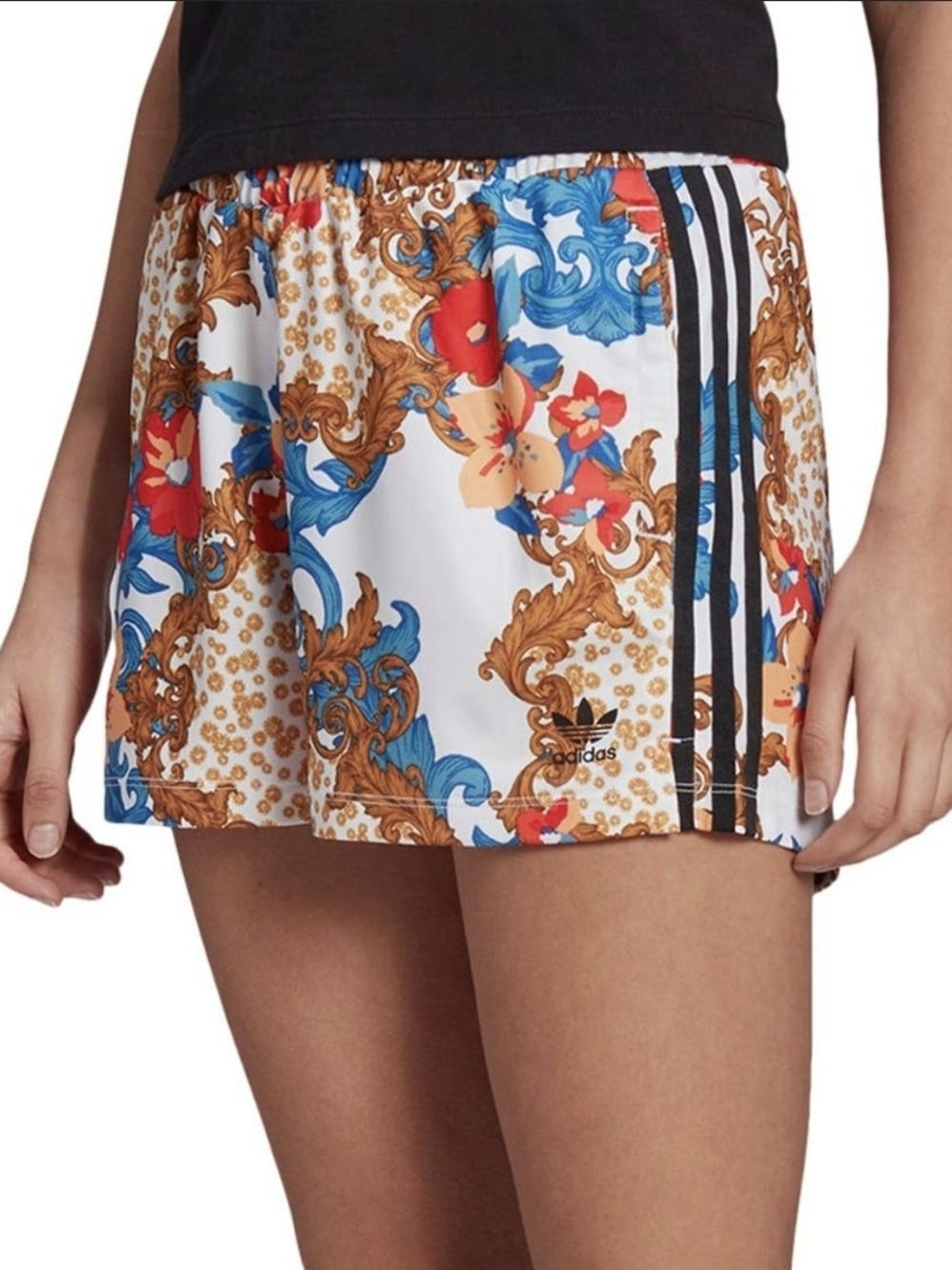 adidas Women’s White Athletic Shorts with Blue, Red & Brown Baroque Print